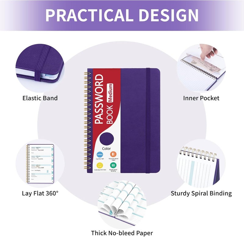 Homlive Spiral Password Book with Individual Alphabetical Tabs, Hardcover Password Keeper Book for Seniors, Password Notebook for Home or Office & Website Address Login-Purple, 5.7" x 7.7" - Image 2